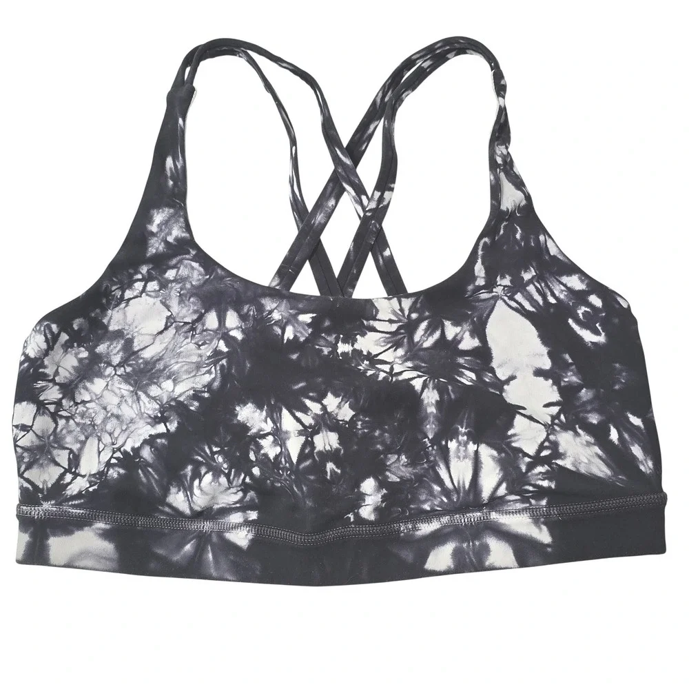 Lululemon Energy Bra Black White Tie Dye Marble Strappy Back Sports Bra Yoga‎
